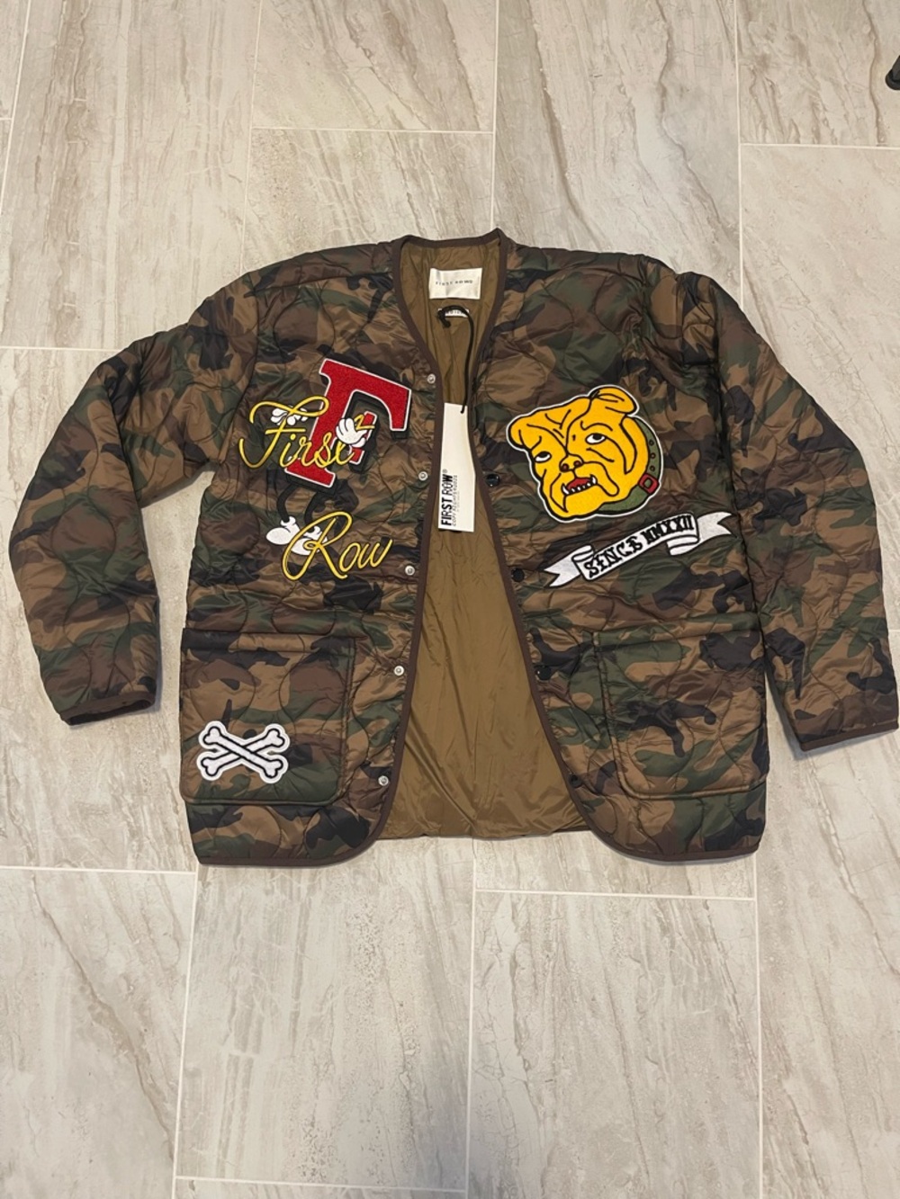 First Row Camo Quilted Jacket with Bulldog Patch